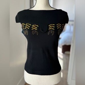 Vintage Black Embroidered Knit Top Made in Italy, Bateau Neck